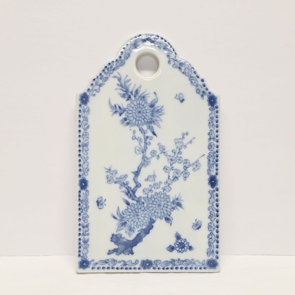 Vintage Japanese Blue White Tile Onion Butter Cheese Board Prunus Chrysanthemums